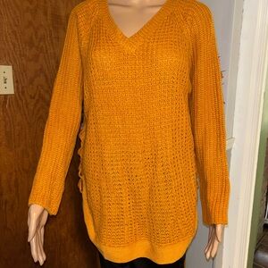 DeRotchild XL Orange Knitted V-Neck Sweater Lace Up Sides